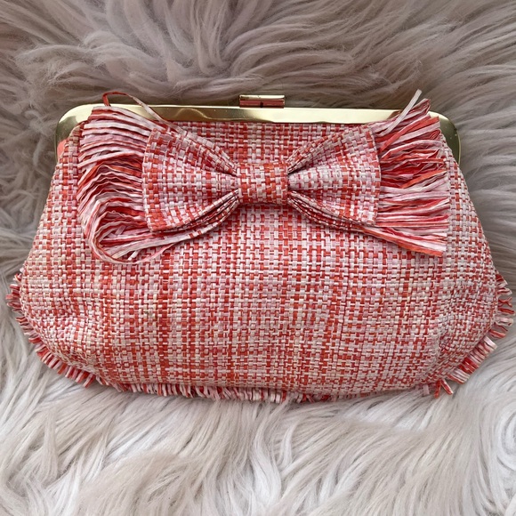 J. Crew Handbags - J. CREW Orange 100% Straw Raffita Bow Woven Clutch NWOT